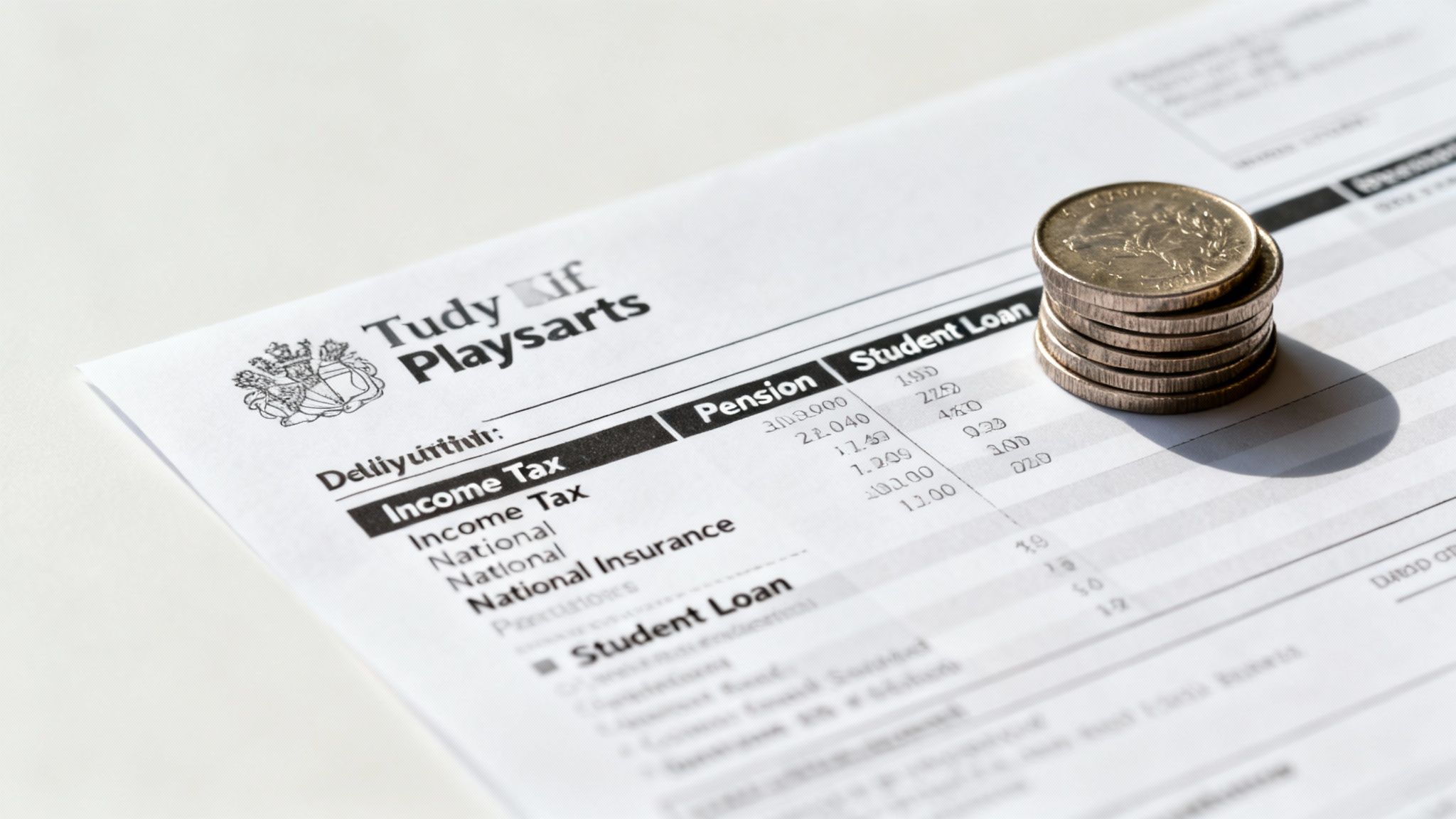 A close-up of a payslip detailing income tax, pension, and student loan deductions with coins.
