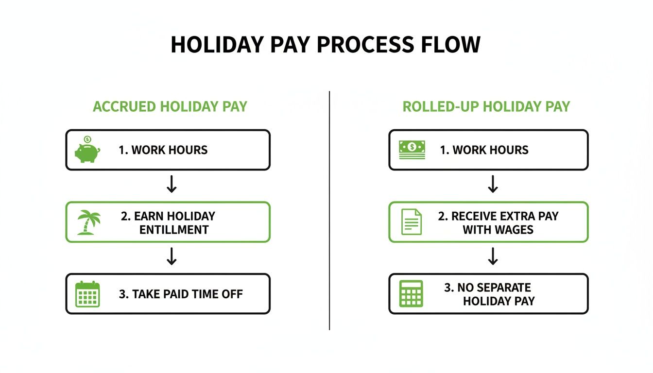 Process flow diagram illustrating accrued versus rolled-up holiday pay methods and their steps.