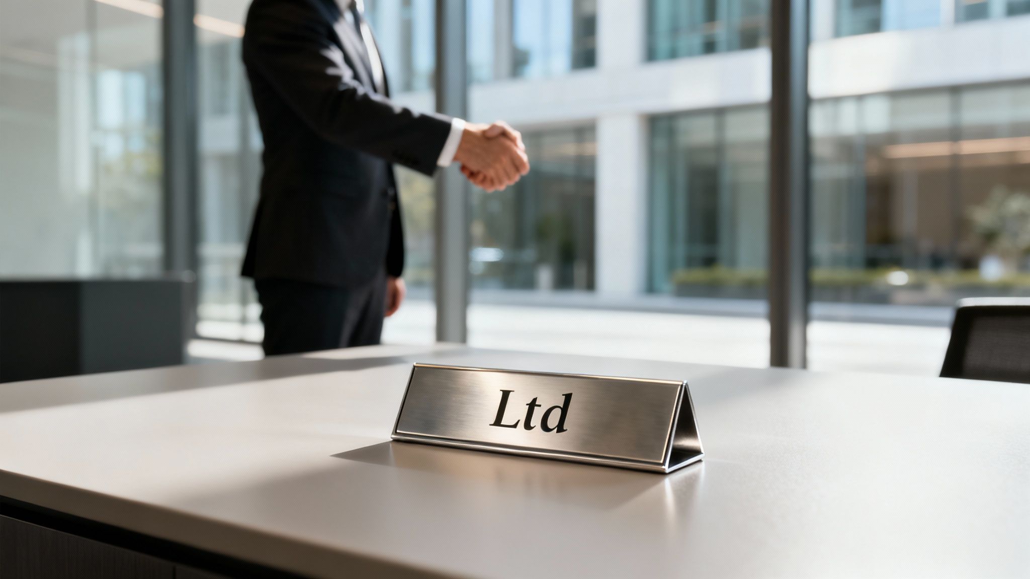 Businessman in a suit shaking hands in a modern office with an 'Ltd' nameplate on the desk.