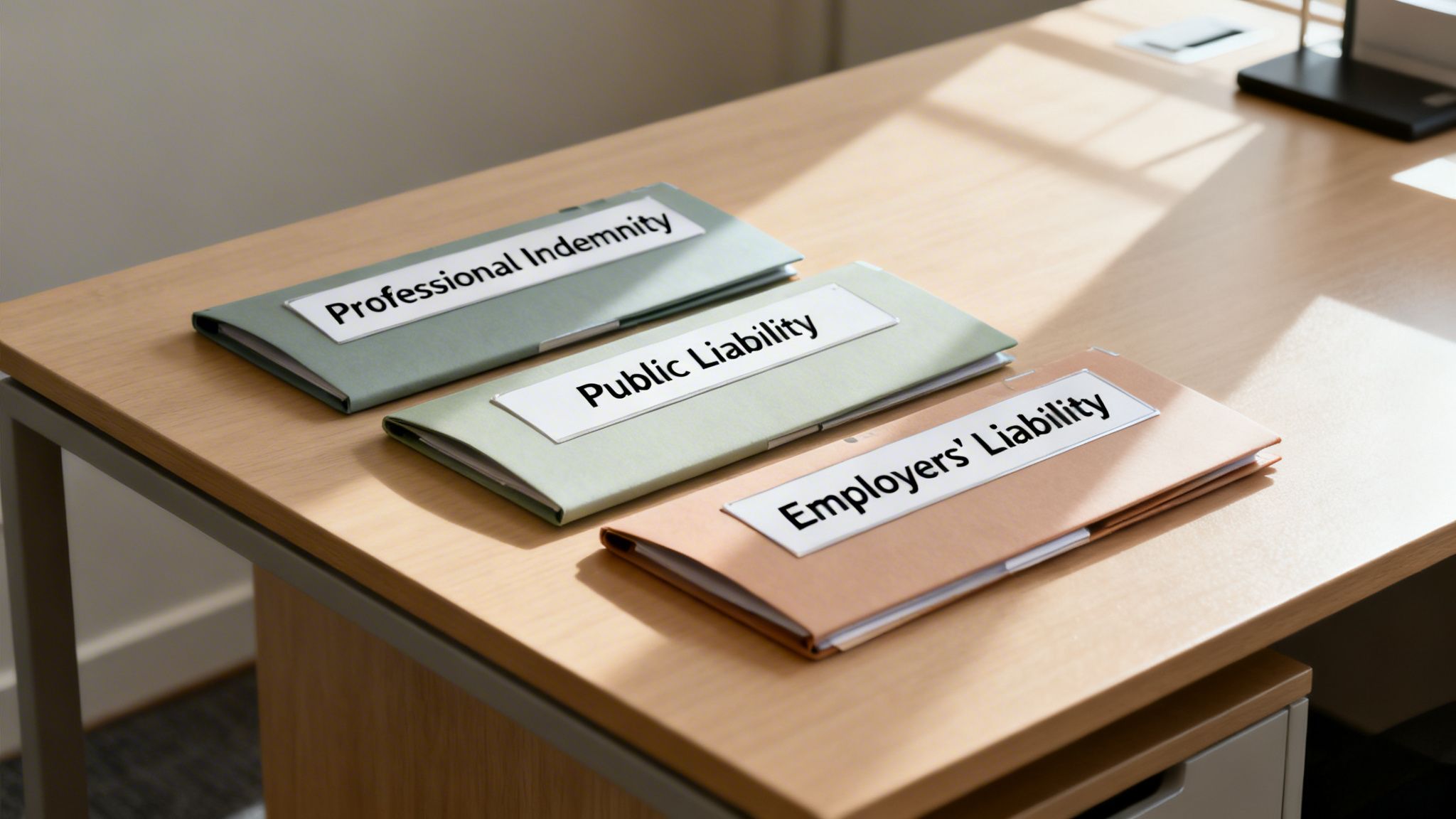 Three folders on a wooden desk are labeled Professional Indemnity, Public Liability, and Employers' Liability.