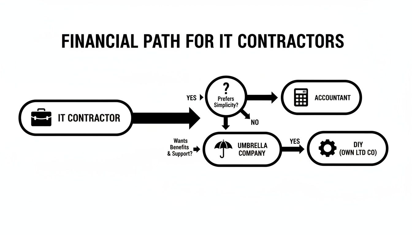 A flowchart outlining financial paths for IT contractors, guiding decisions on simplicity, benefits, and support, leading to accountants, umbrella companies, or DIY.