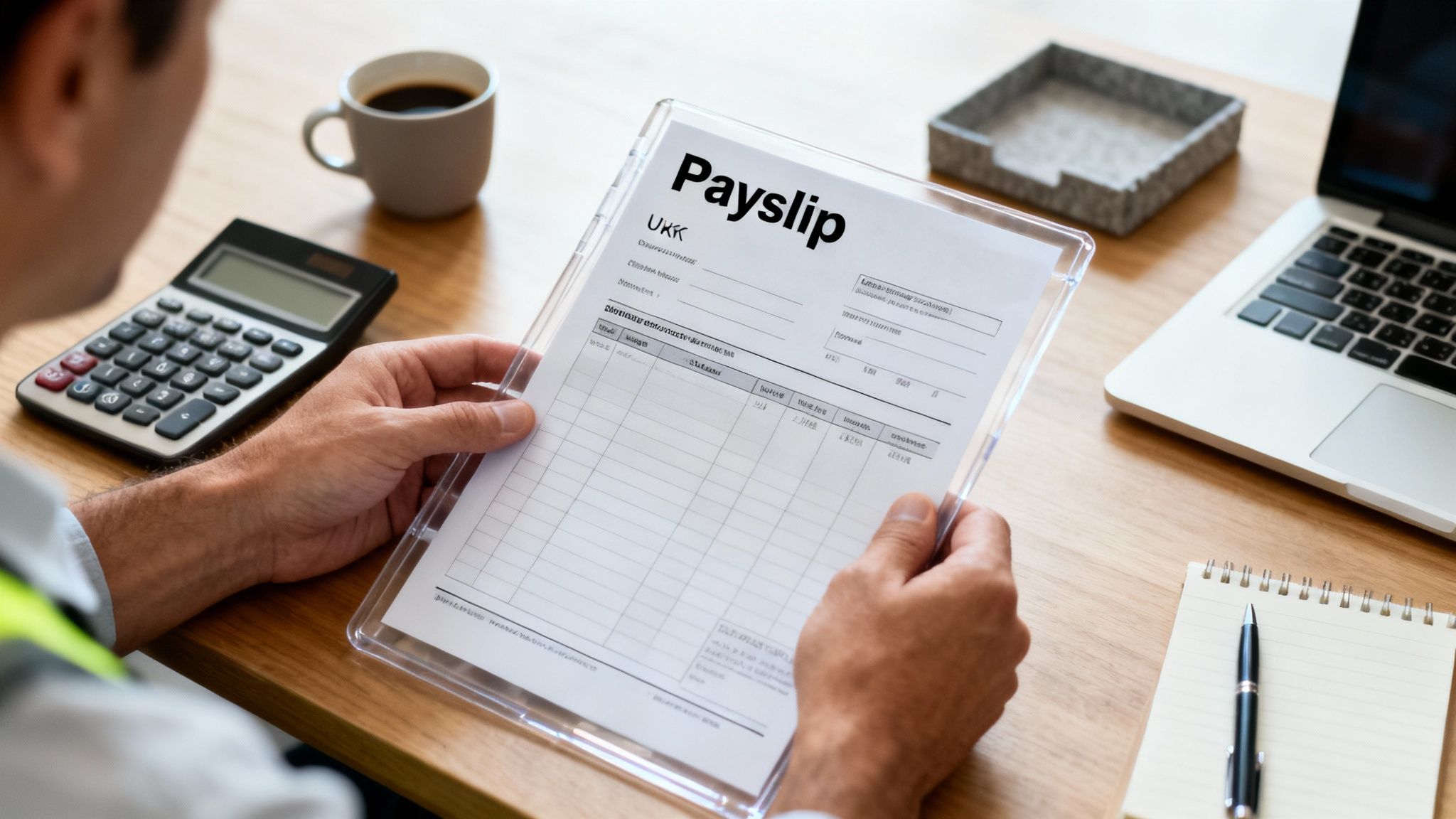 A person holding a payslip, with a calculator and laptop on a wooden desk, analyzing monthly wages.