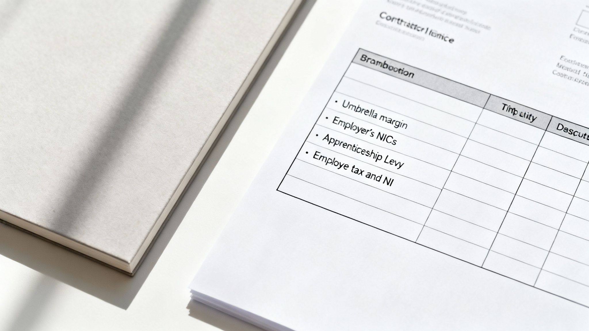 A close-up of a document detailing financial calculations with terms like 'Umbrella margin' and 'Apprenticeship Levy', next to a light-colored notebook on a white surface.
