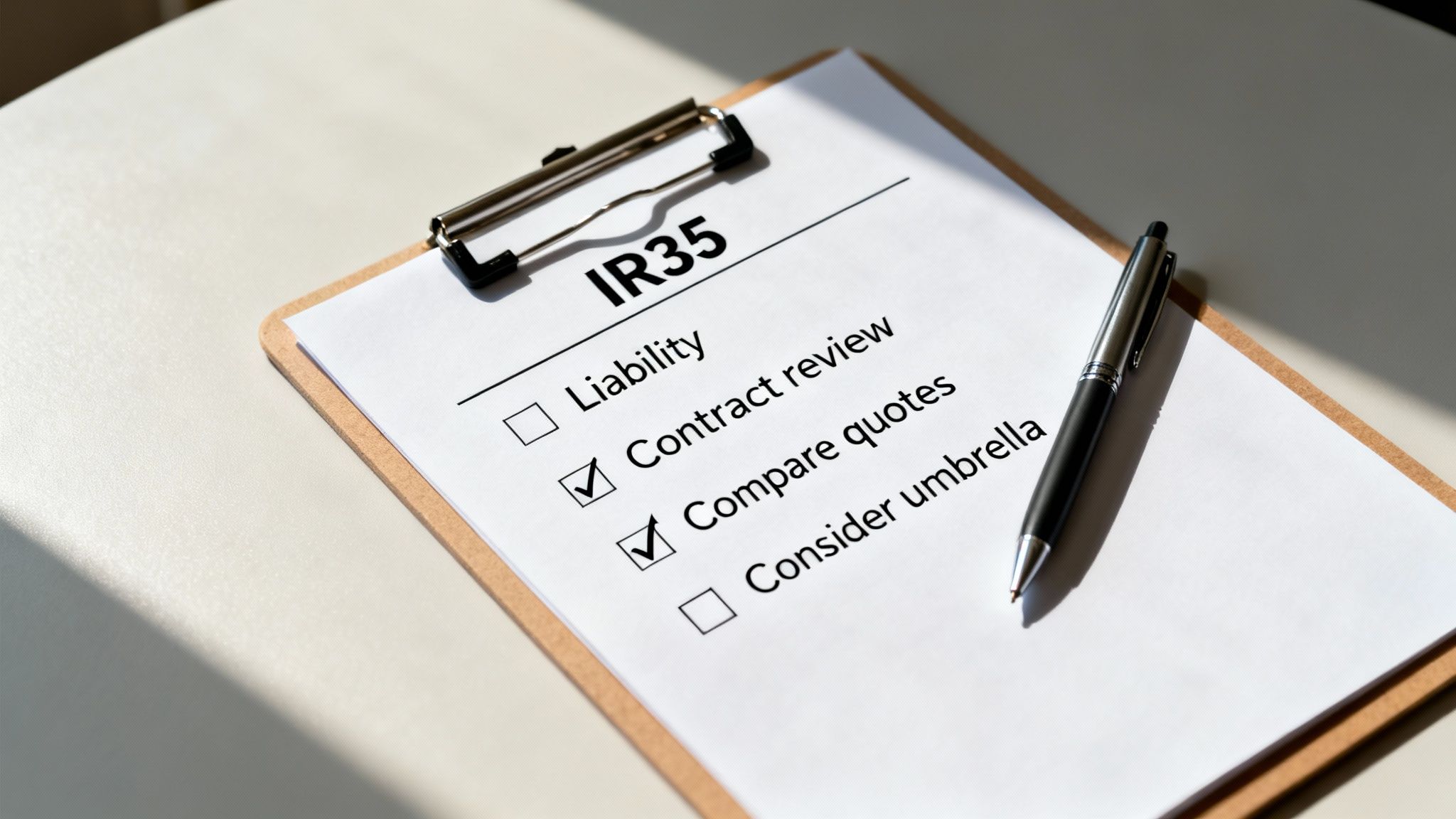 A clipboard with an IR35 checklist, showing 'Contract review' and 'Compare quotes' checked off with a pen.