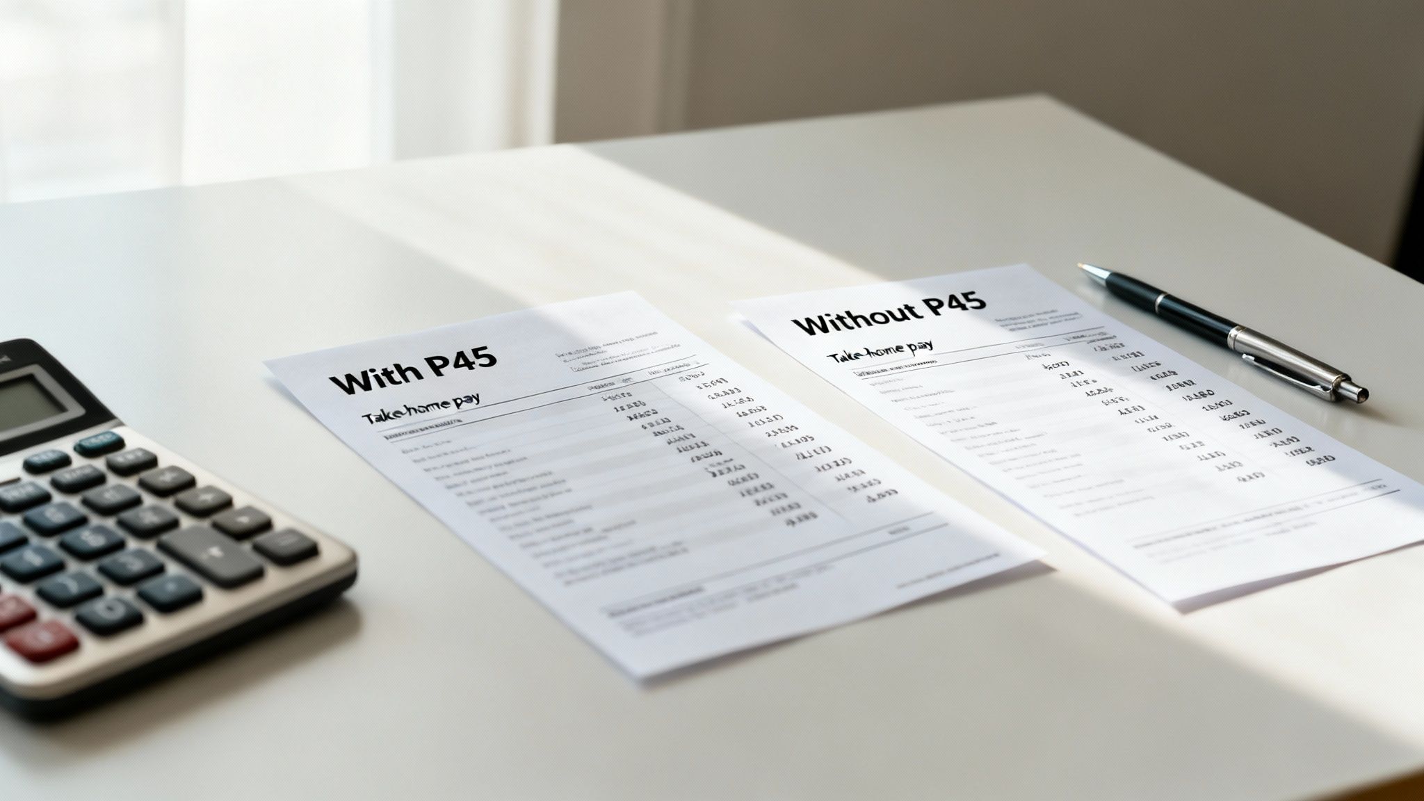 Financial documents comparing take-home pay with and without a P45, next to a calculator and pen.