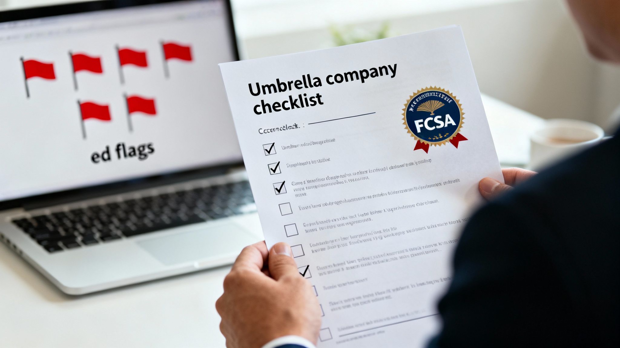 Professional reviewing umbrella company FCSA compliance checklist with red flags displayed on laptop screen