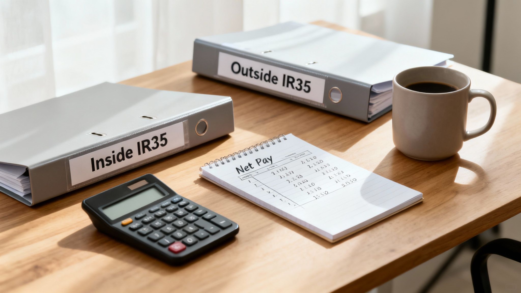 A desk with two binders labeled 'Inside IR35' and 'Outside IR35', a calculator, notepad, and coffee.