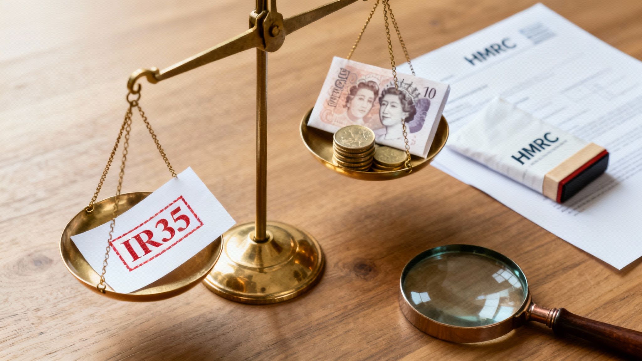 Scales balancing IR35 text against money, with HMRC documents, representing tax implications for IT contractors.