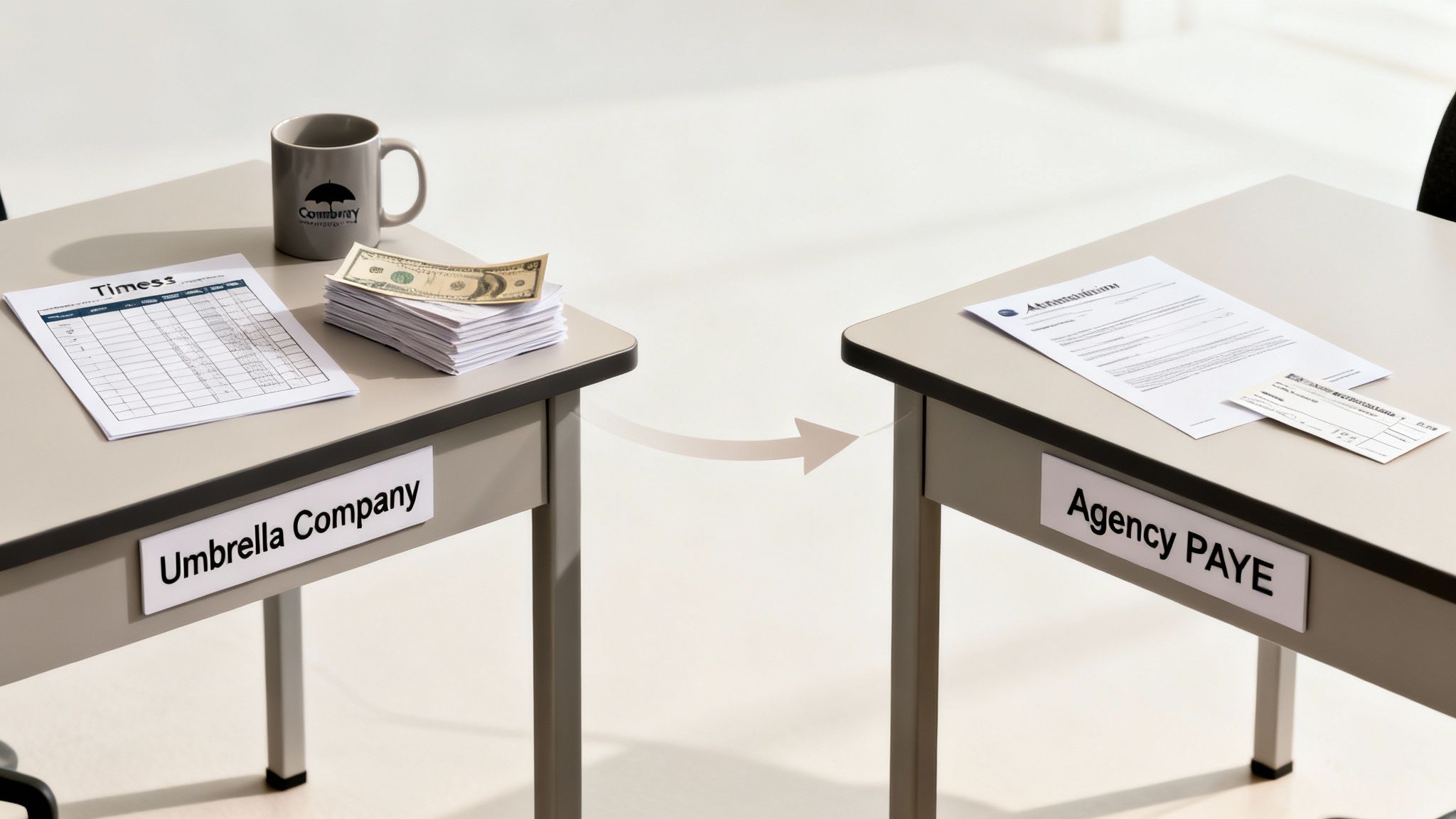 Two desks with labels 'Umbrella Company' and 'Agency PAYE' showcasing different payroll documentation and money, with an arrow indicating a transition.