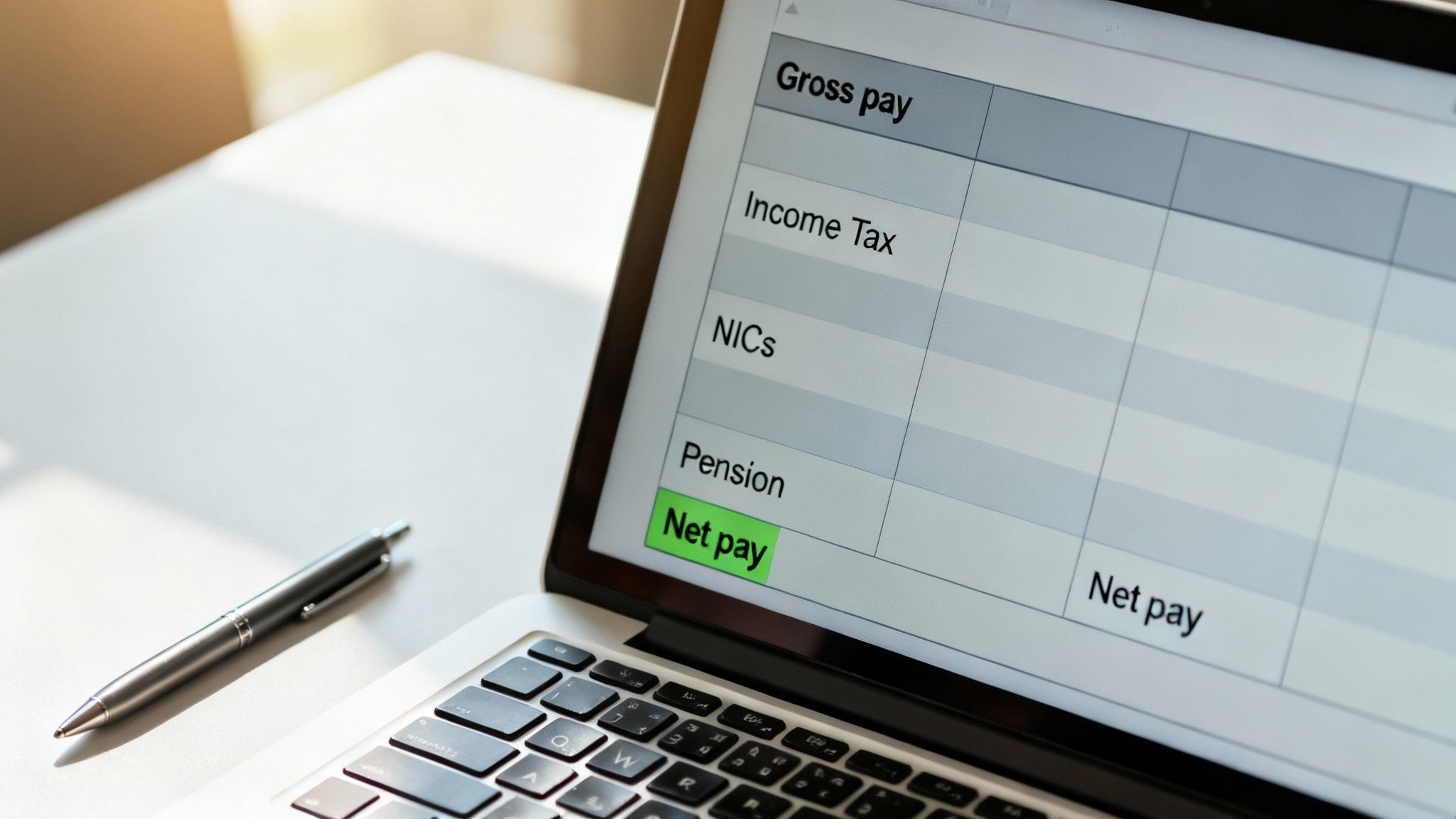 Close-up of a laptop screen displaying a financial spreadsheet for calculating net pay.