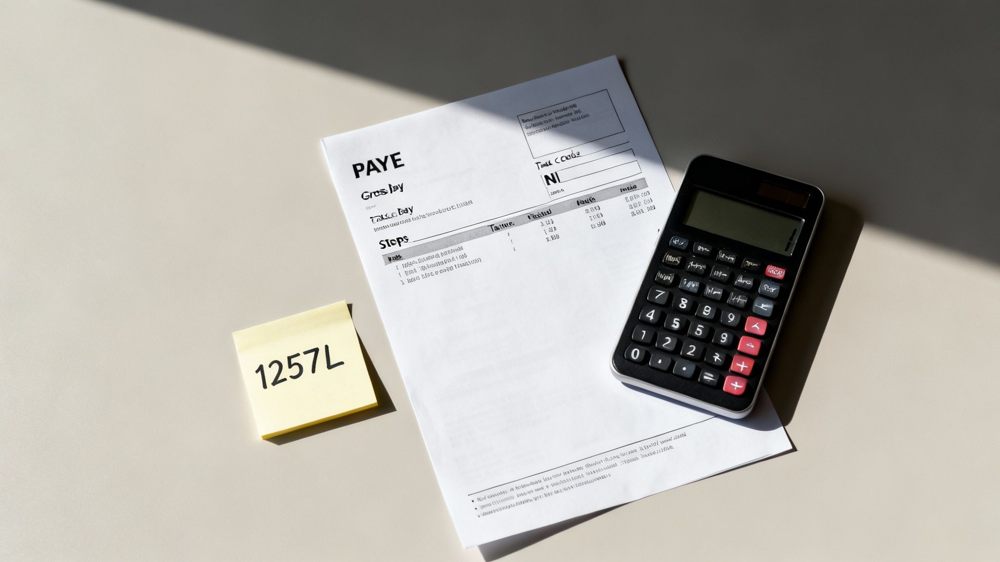 A payslip, calculator, and a yellow sticky note with '1257L' on a beige desk.