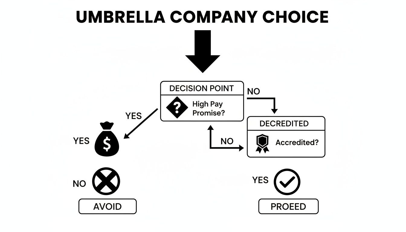 Flowchart for choosing an umbrella company based on high pay promises and accreditation status.