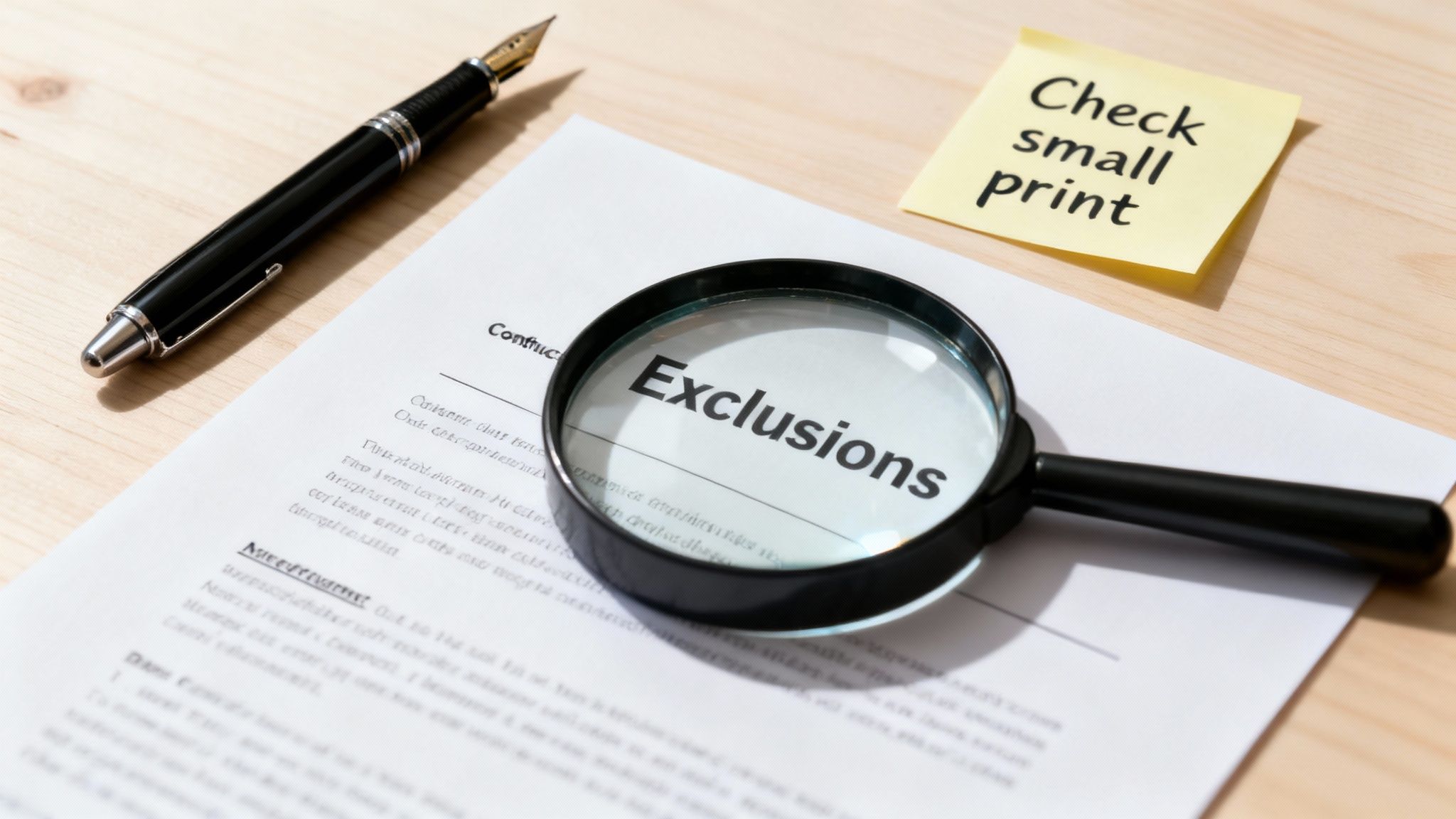 A magnifying glass highlights the word 'Exclusions' on a document, with a pen and 'Check small print' note.