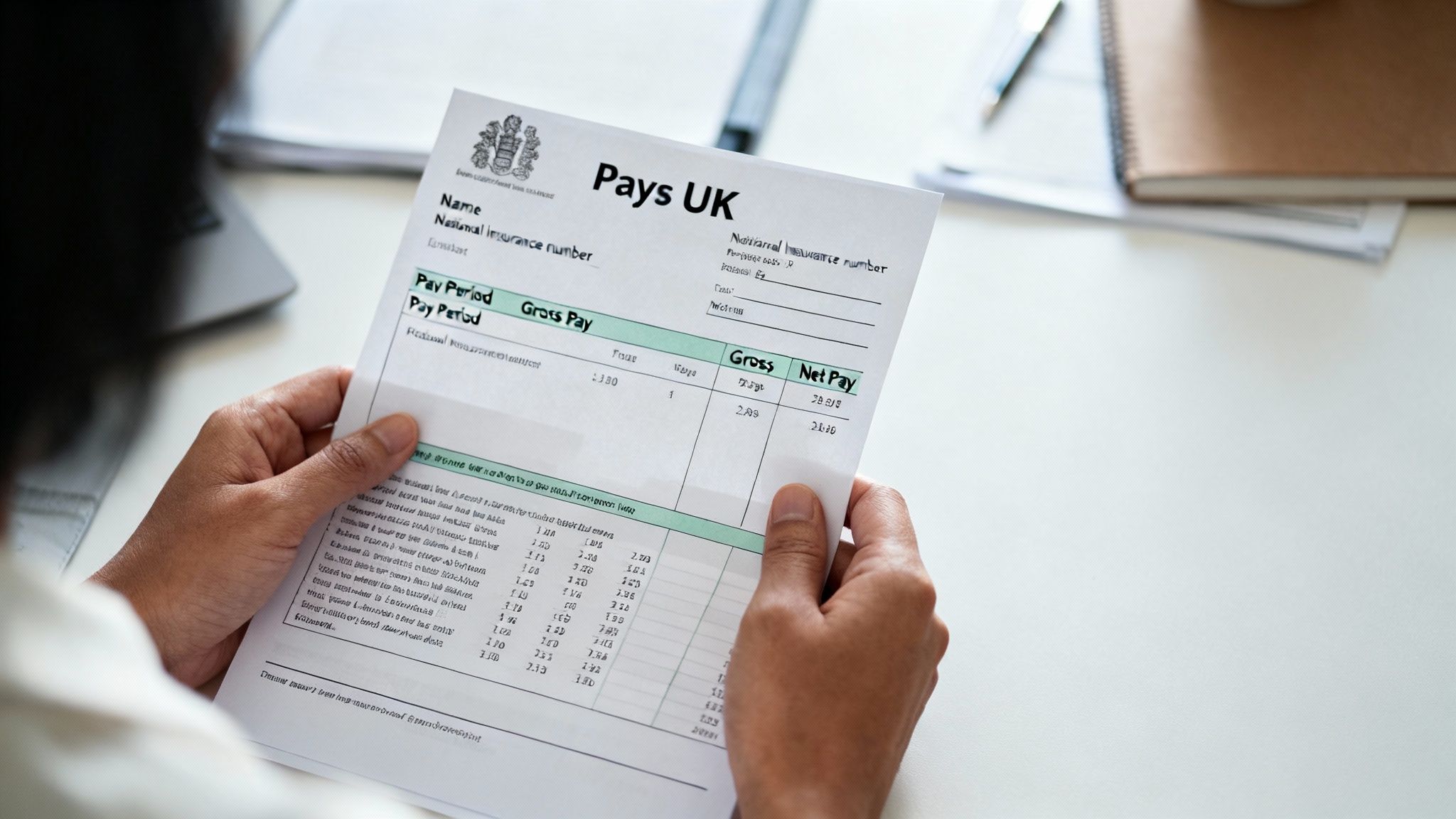 A person's hands holding a UK payslip showing salary details on a white desk.