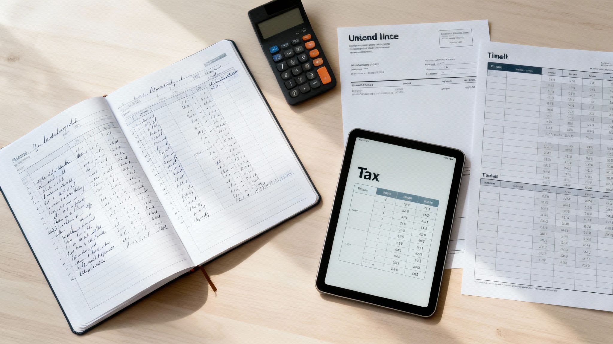 A flat lay of financial documents, a calculator, a notebook, and a tablet with tax information on a wooden desk.