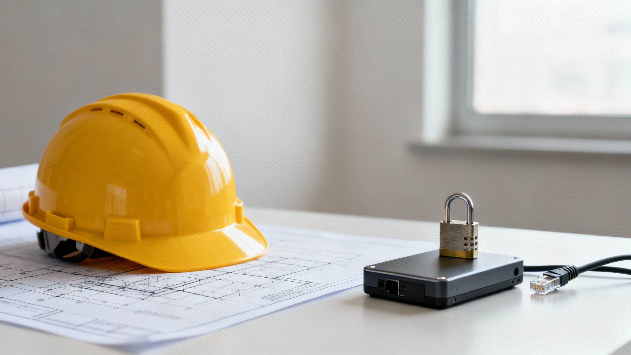 A construction contractor wearing a hard hat reviews blueprints on a building site.