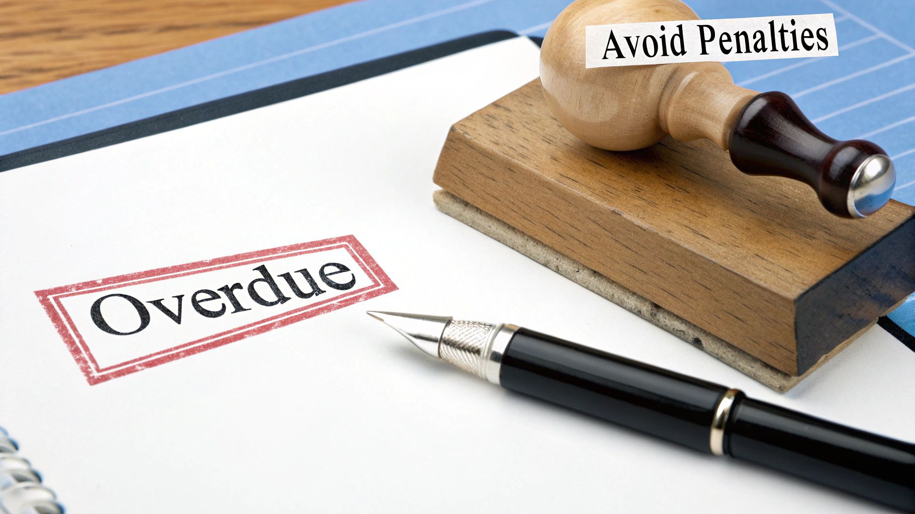 A person looking stressed while reviewing financial documents and a calendar with a deadline circled.