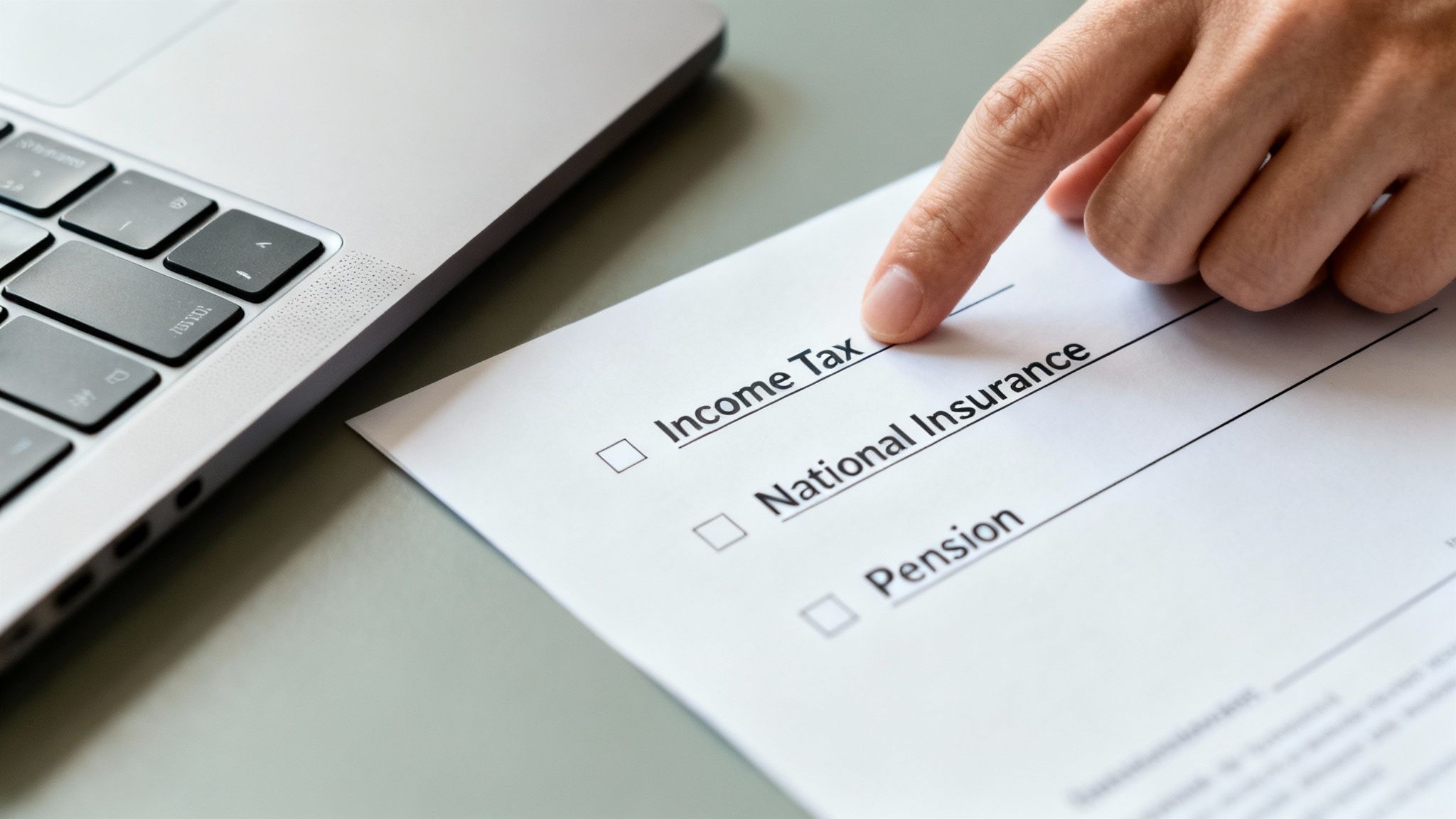 A finger points at 'Income Tax' on a document with options like 'National Insurance' and 'Pension', beside a laptop.