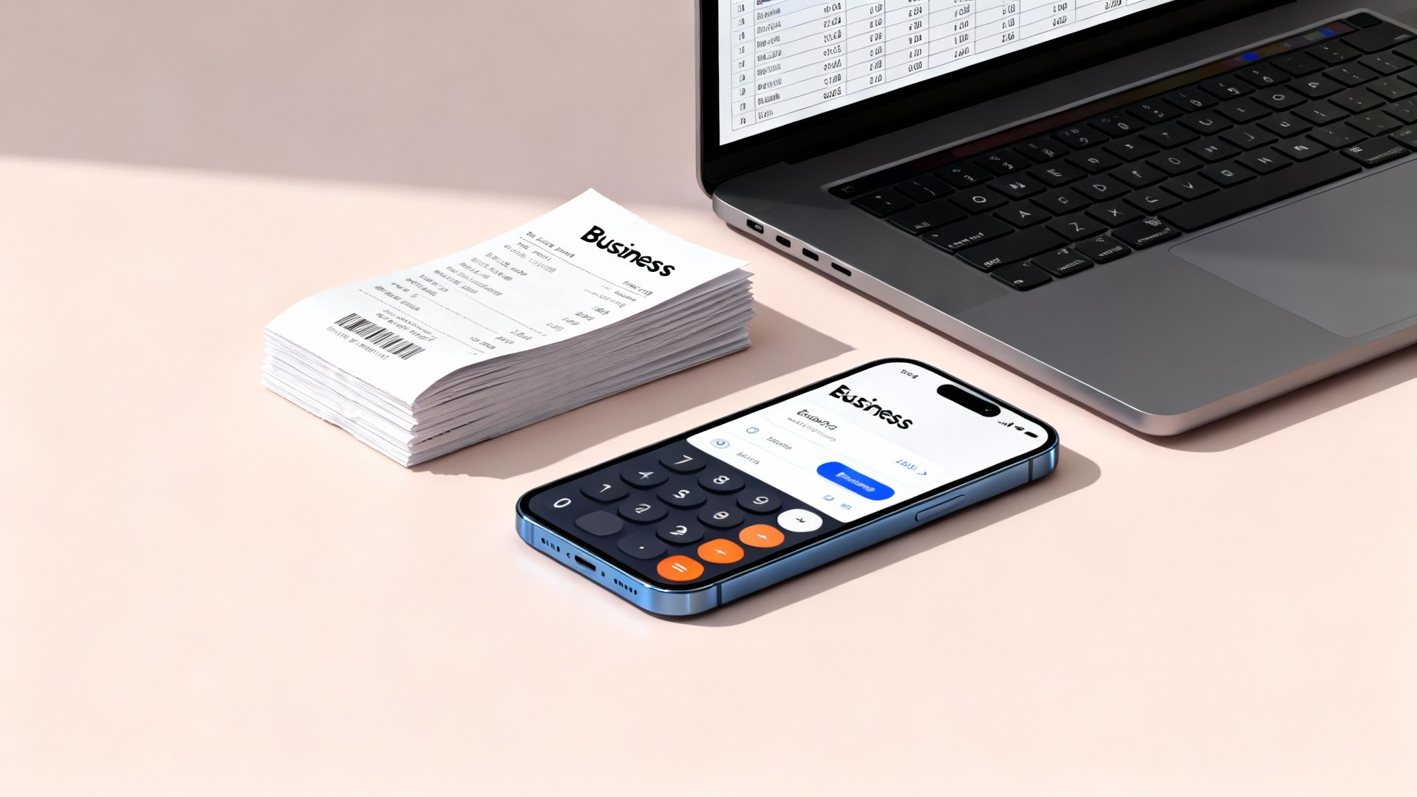 Stack of business receipts, a smartphone calculator, and a laptop displaying financial spreadsheets.