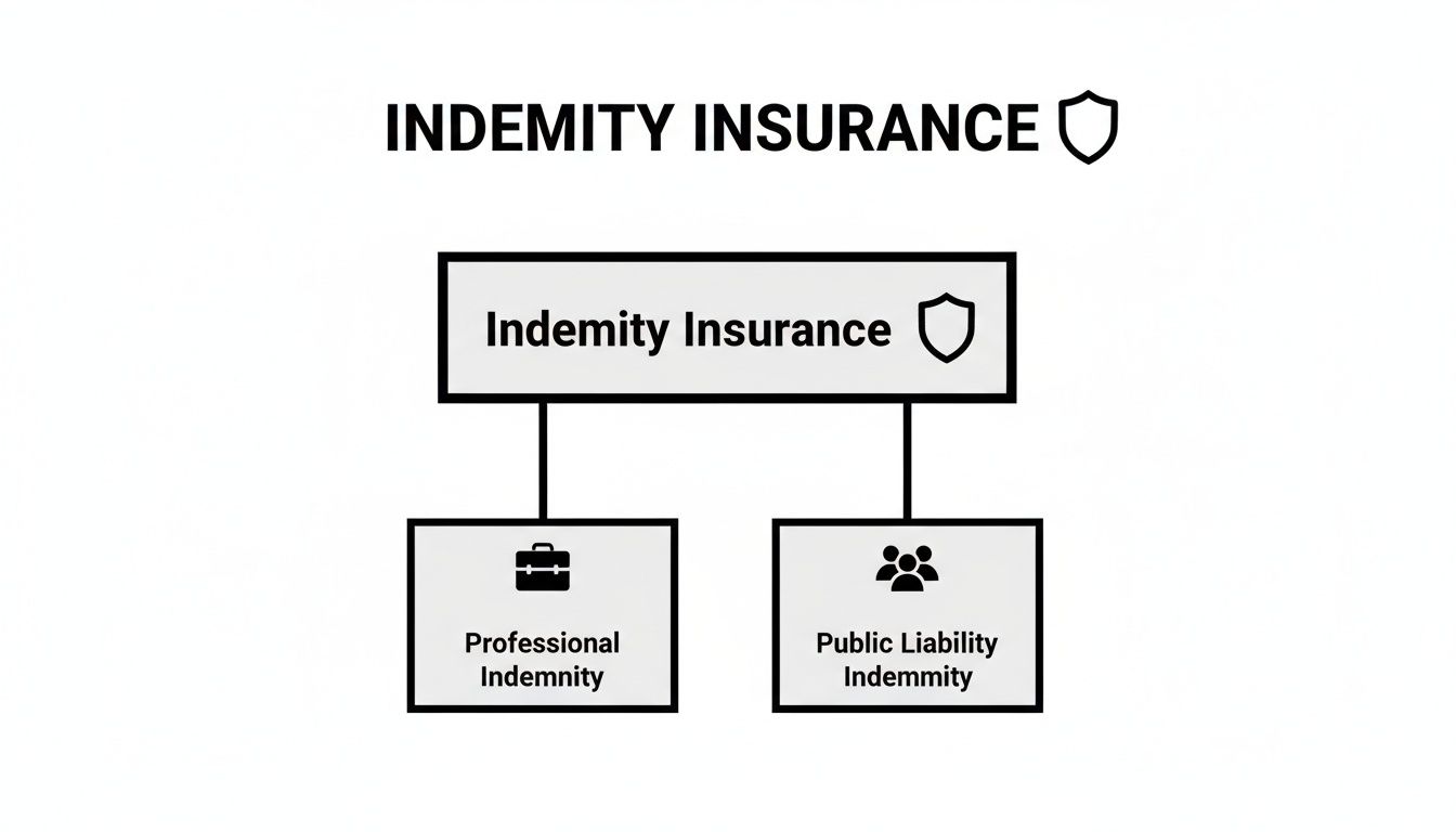 A diagram illustrates Indemnity Insurance, splitting into Professional Indemnity and Public Liability Indemnity.