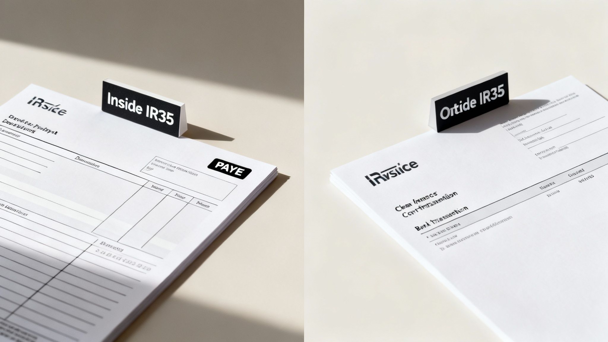 Two white papers displaying financial documents and IR35 status clips on a light surface.