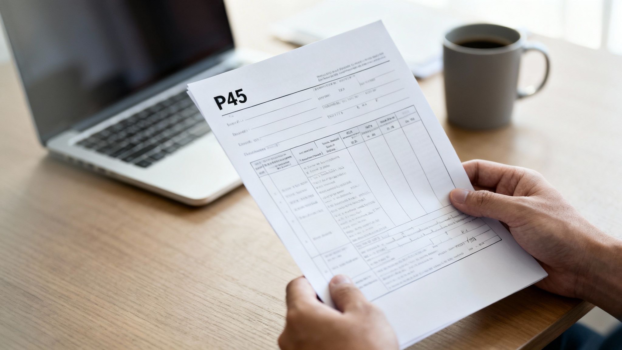 Close-up of hands holding a P45 form, with a laptop and coffee mug on a wooden desk.