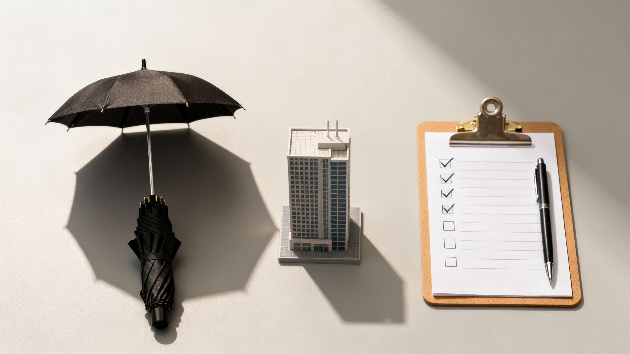 A miniature open black umbrella, a model building, and a clipboard with a checklist and pen.