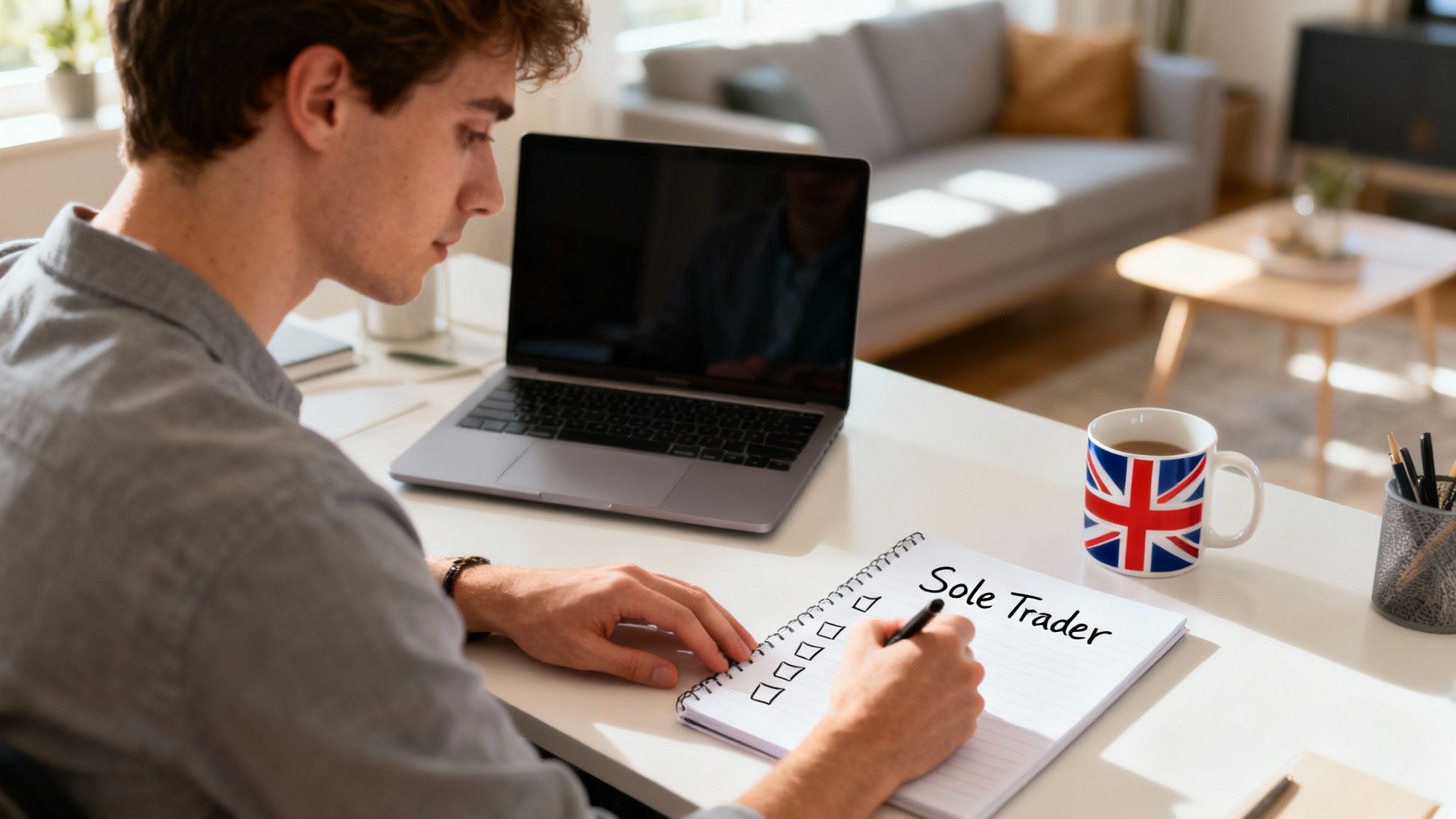 Young man writing 'Sole Trader' checklist in a notebook at a desk with a laptop and a Union Jack mug.