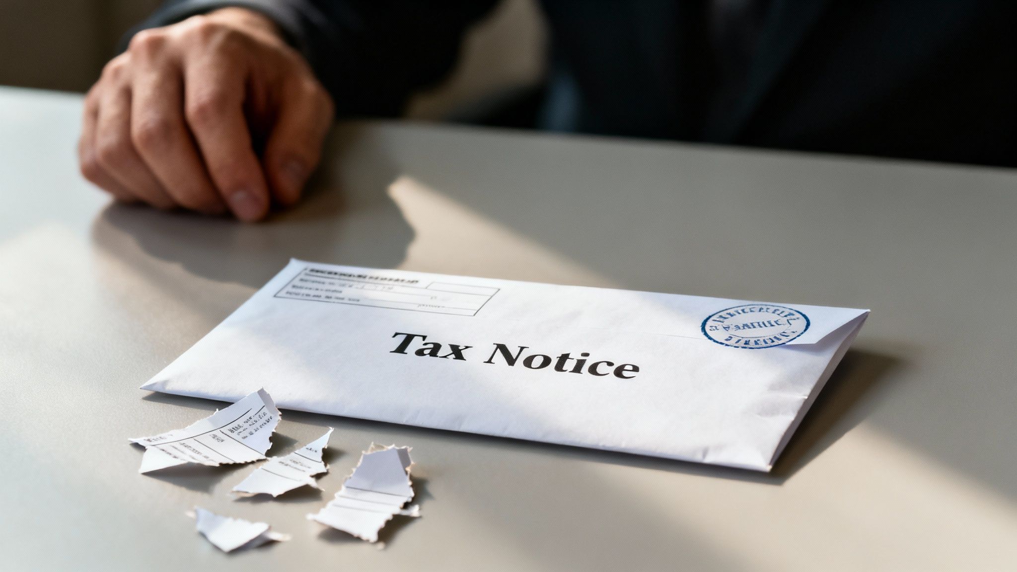 A person's hand rests near a 'Tax Notice' envelope and torn paper on a table.
