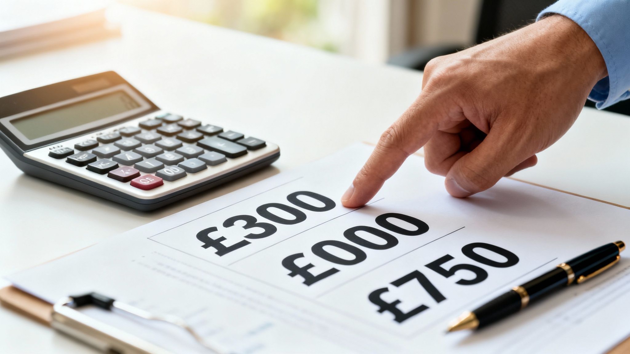 A hand points at a document displaying pound sterling amounts, with a calculator nearby.