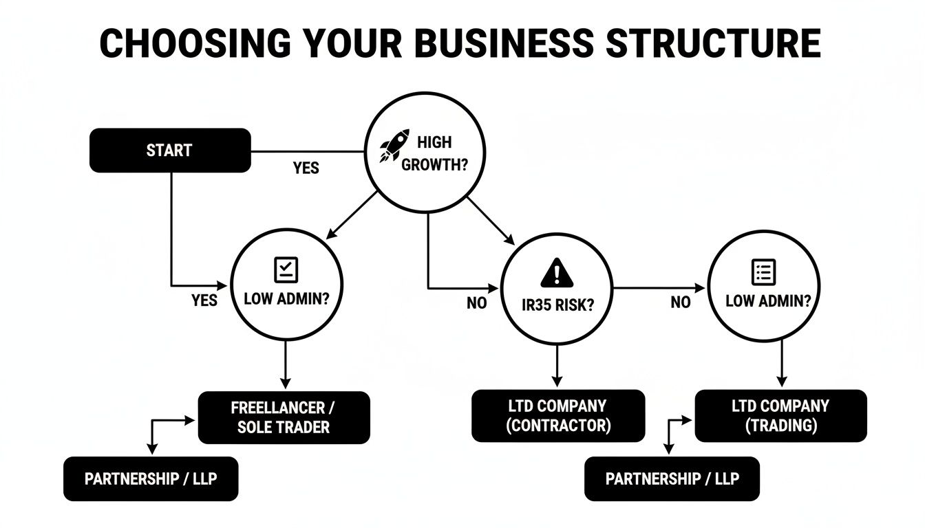 A flowchart guiding users to choose a business structure based on growth, administration, and risk factors.