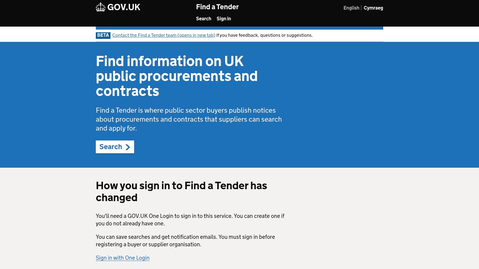 Find a Tender (GOV.UK) platform showing public sector contract listings