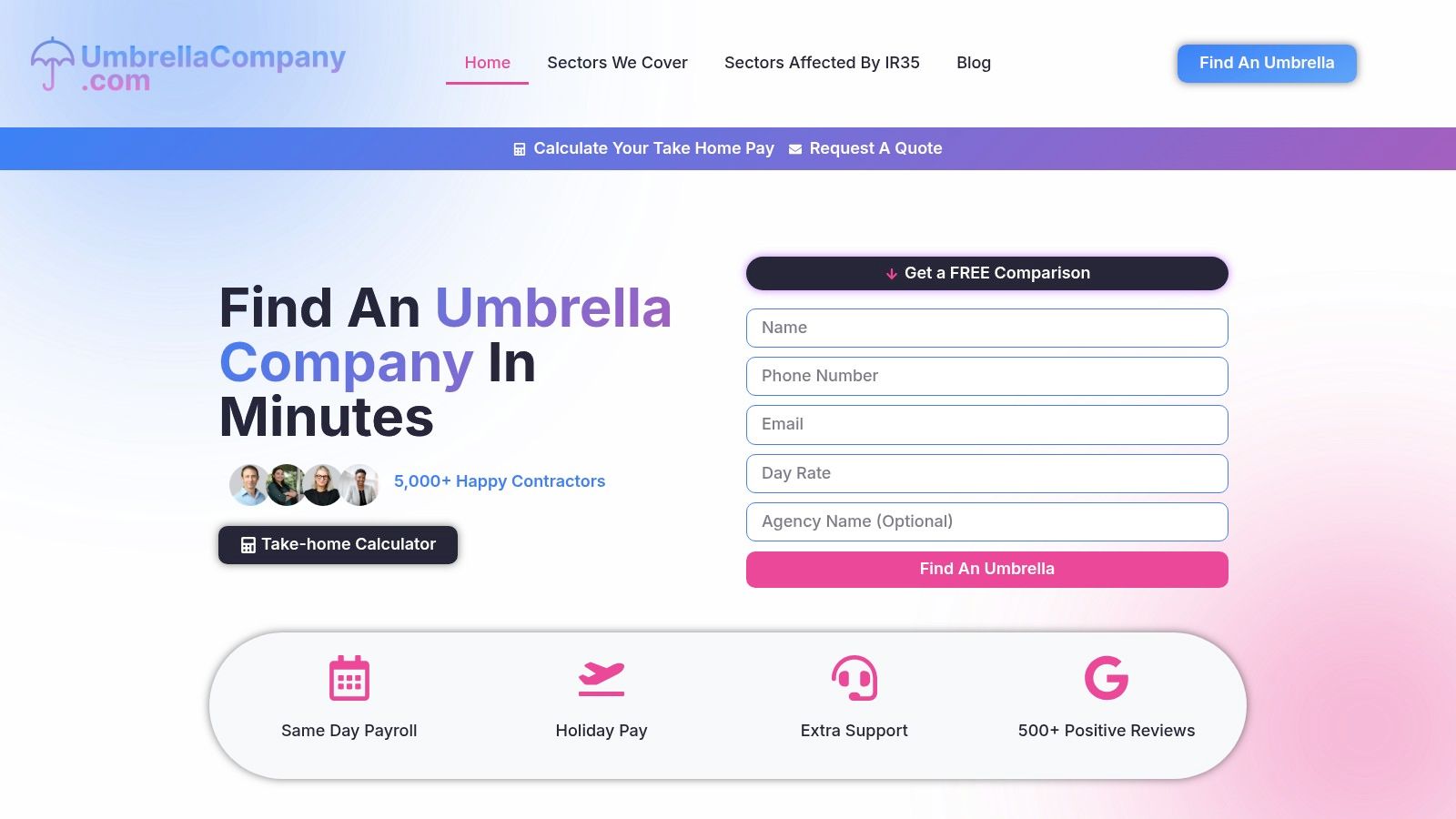 Umbrella Company platform interface showing comparison features.