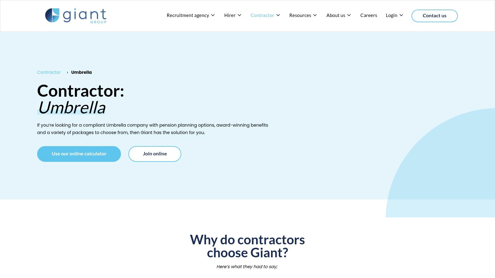 A screenshot of the Giant Group website, highlighting their umbrella company services.