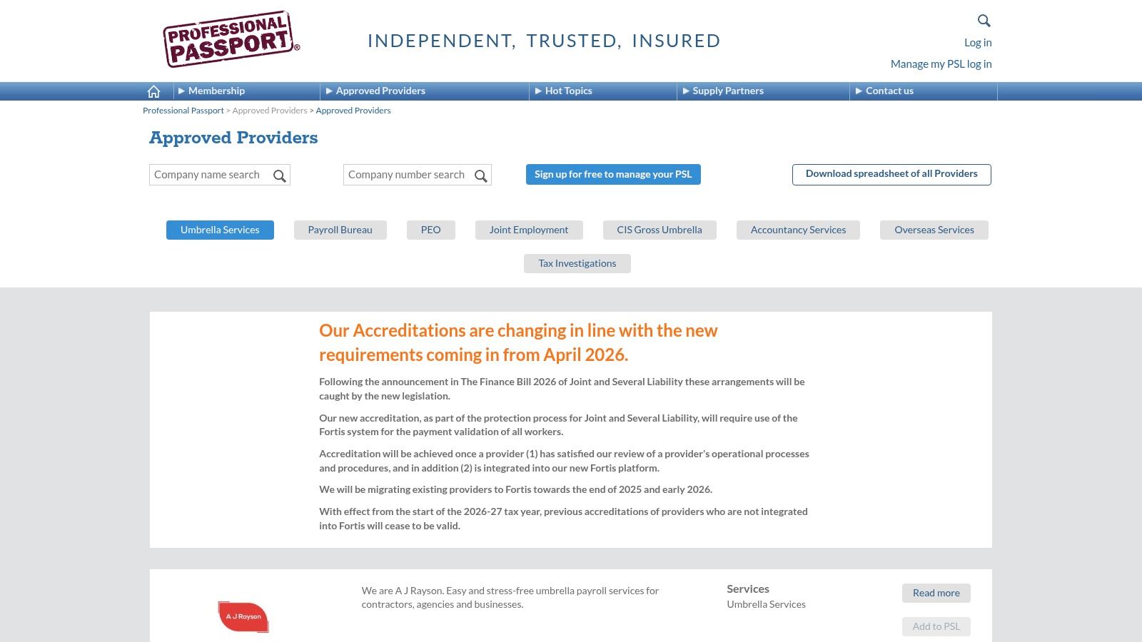 A screenshot of the Professional Passport Approved Providers page, showing the search and filter options.