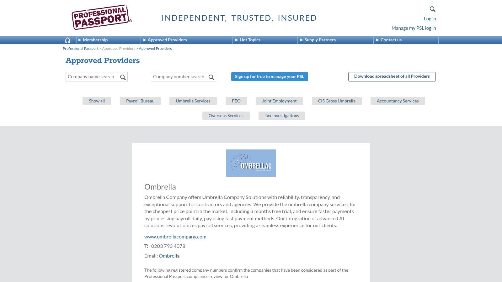 Professional Passport – Approved Providers (Umbrella)
