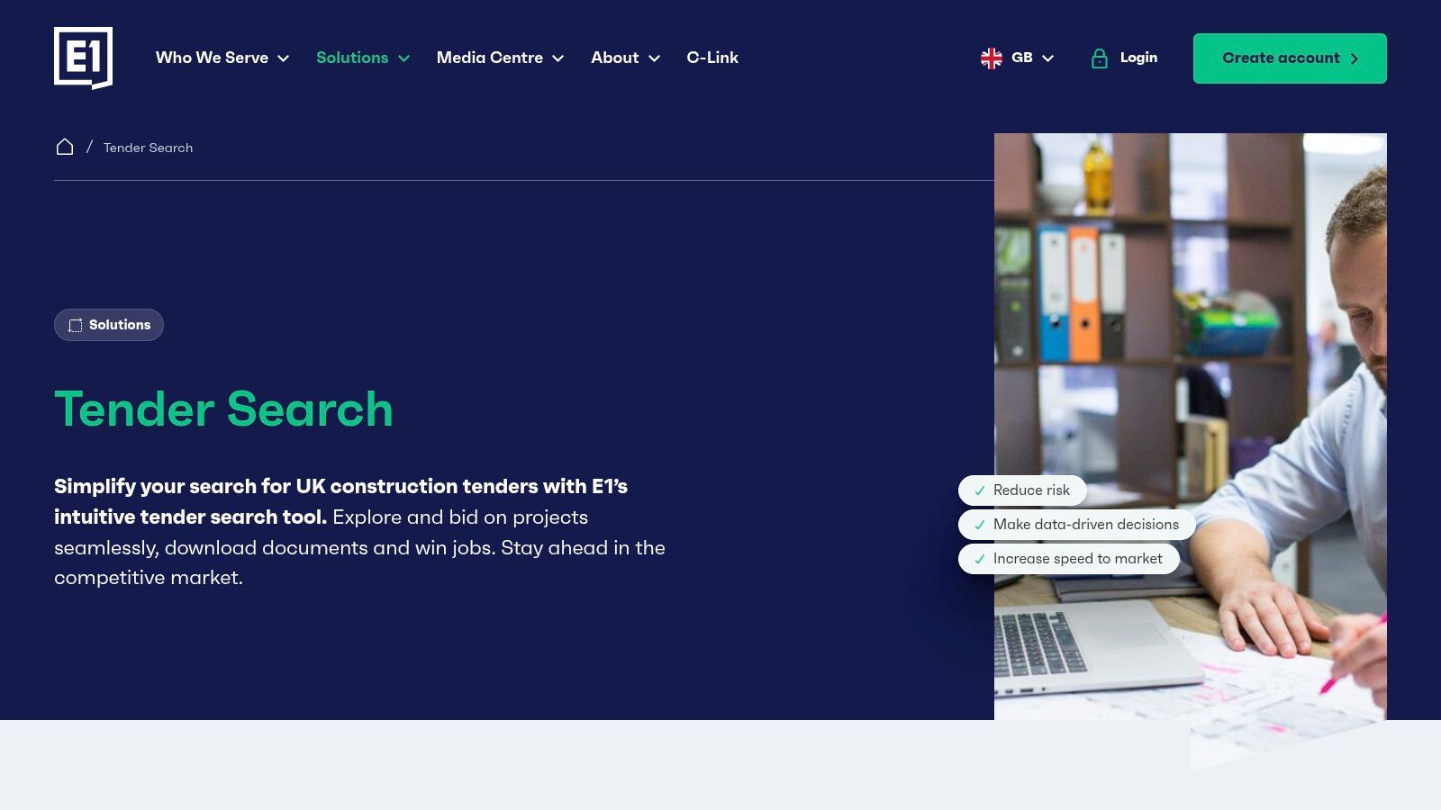 EstimateOne (E1) platform displaying tender search functionalities for subcontractors