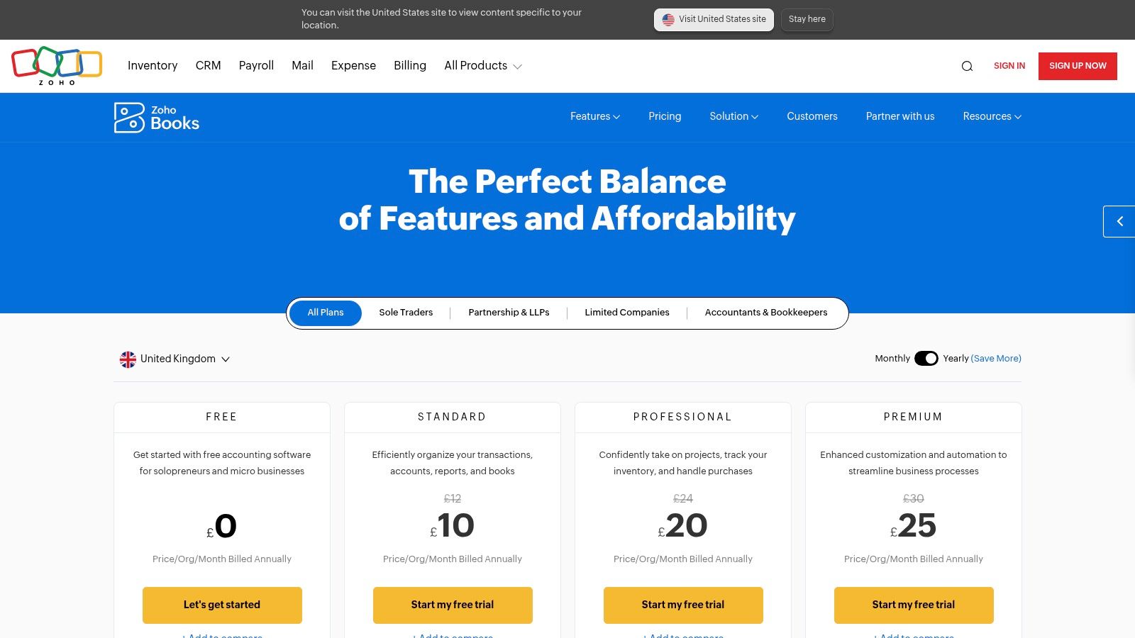 A screenshot of the Zoho Books dashboard showing an overview of sales, payables, and project billing.