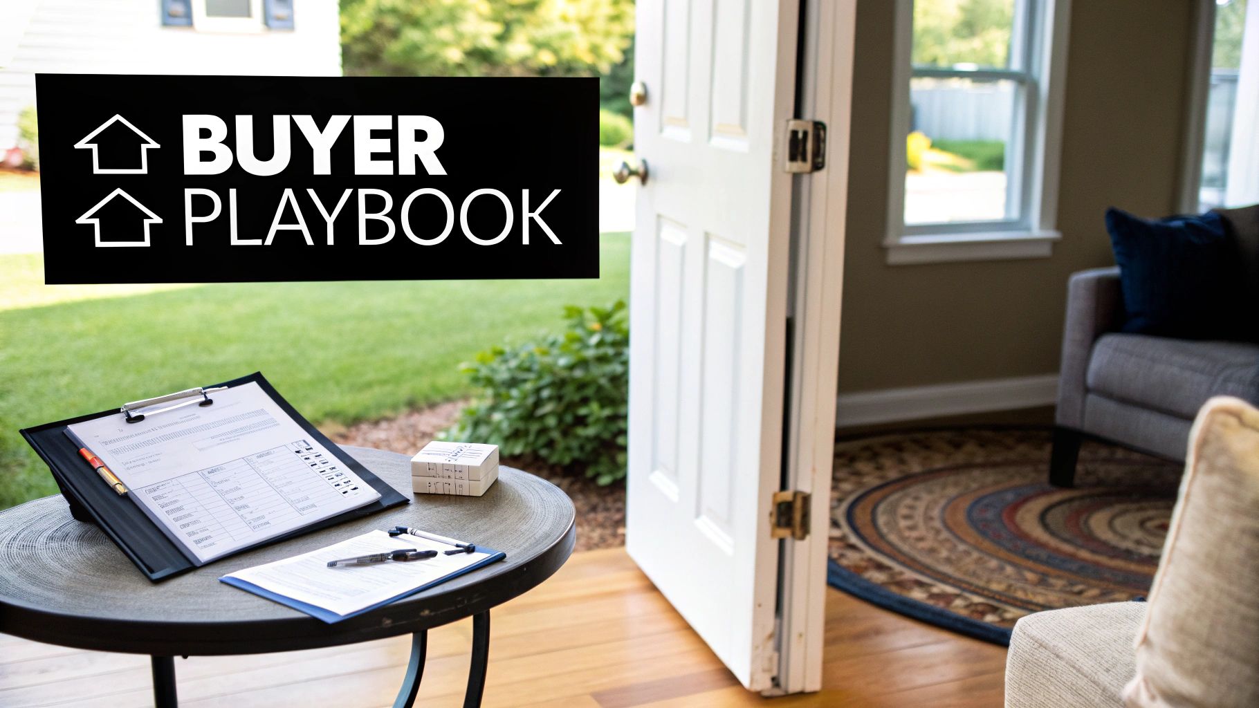 A modern home in Dallas with a person reviewing documents in the foreground, representing the buyer's playbook.