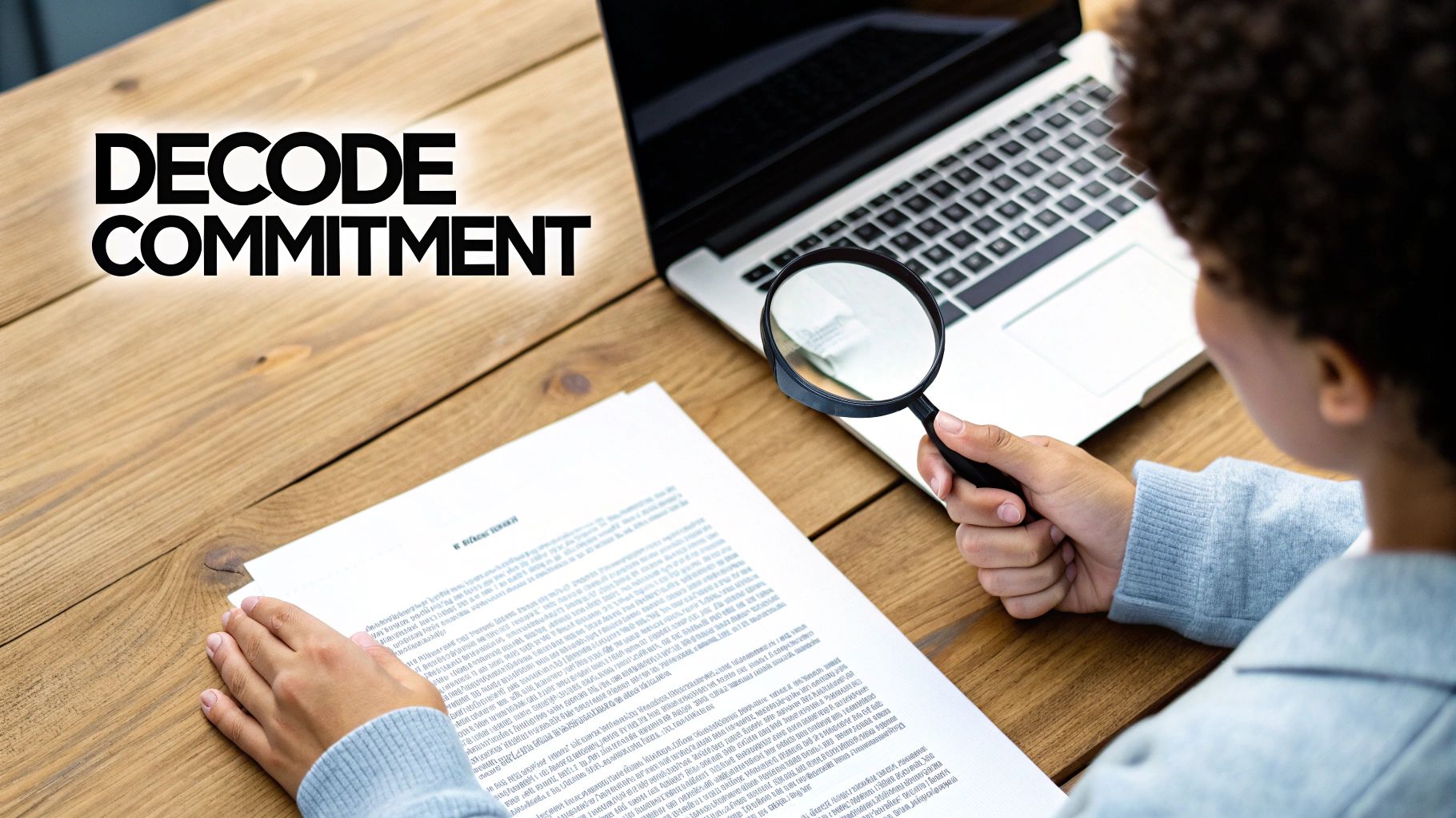 A person uses a magnifying glass to closely examine a document, with text 'DECODE COMMITMENT'.