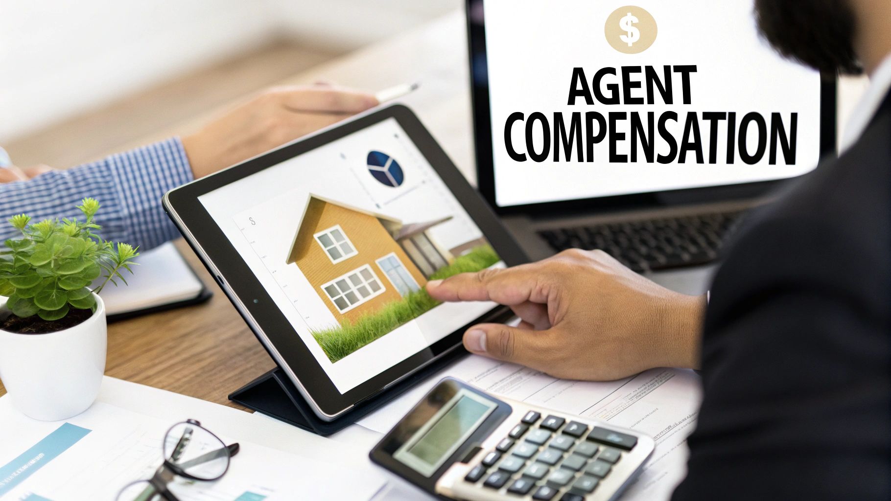 Real estate agent calculating compensation on tablet showing house model with calculator and documents