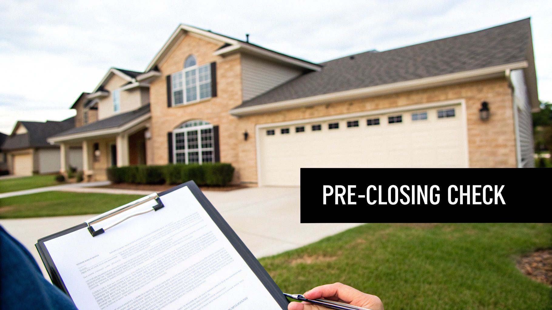 A person holds a clipboard with documents, conducting a pre-closing check on a large suburban house.