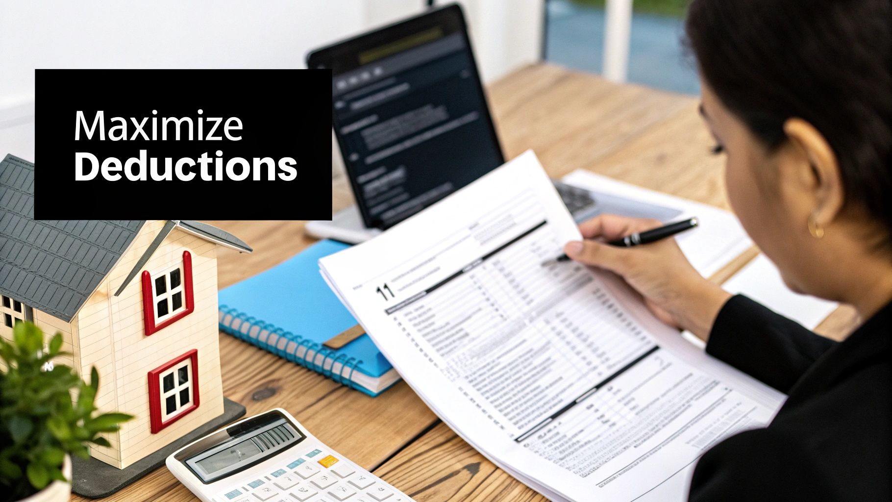 A stack of organized receipts and a calculator on a desk, representing meticulous expense tracking for a Dallas investment property.