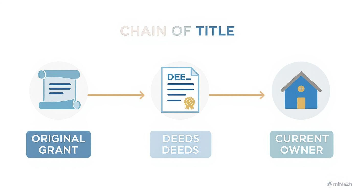 A diagram illustrating the chain of title process from original grant through multiple deeds to the current owner.