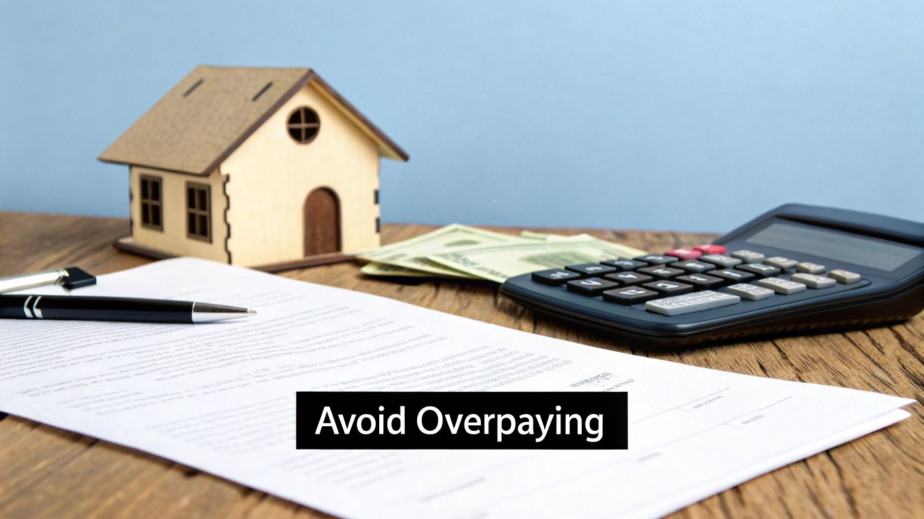 Desk setup with a house model, calculator, money, and papers, advising to avoid overpaying.