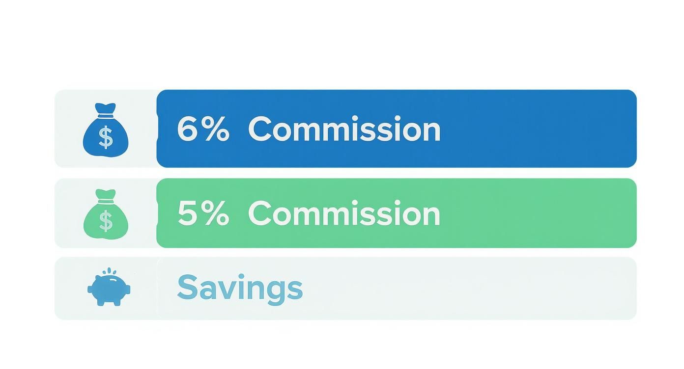 Three commission tiers showing six percent, five percent commission rates, and savings options for real estate,real estate commission,