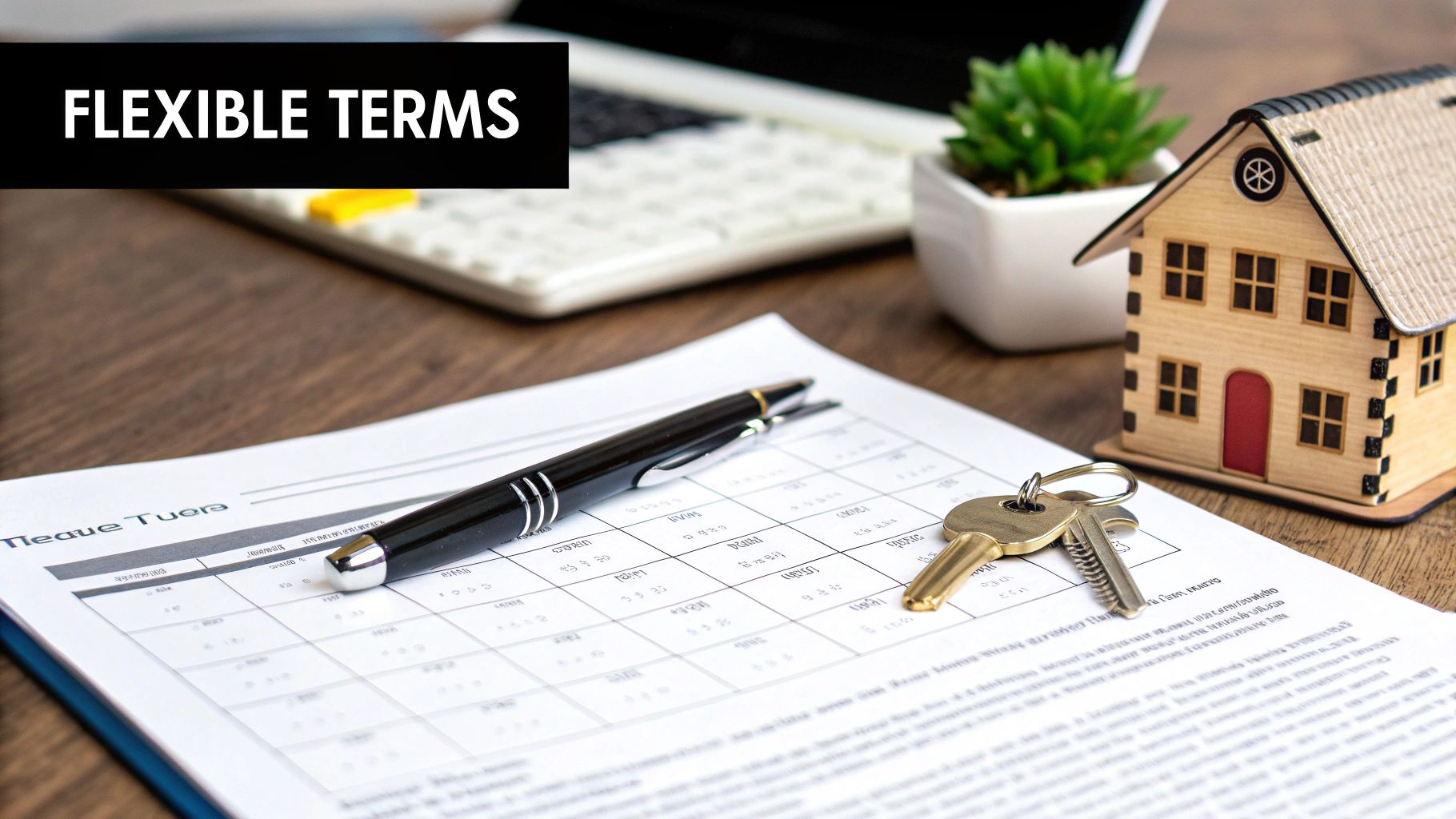 Desk with a house model, keys, contract, pen, and a banner reading 'FLEXIBLE TERMS'.