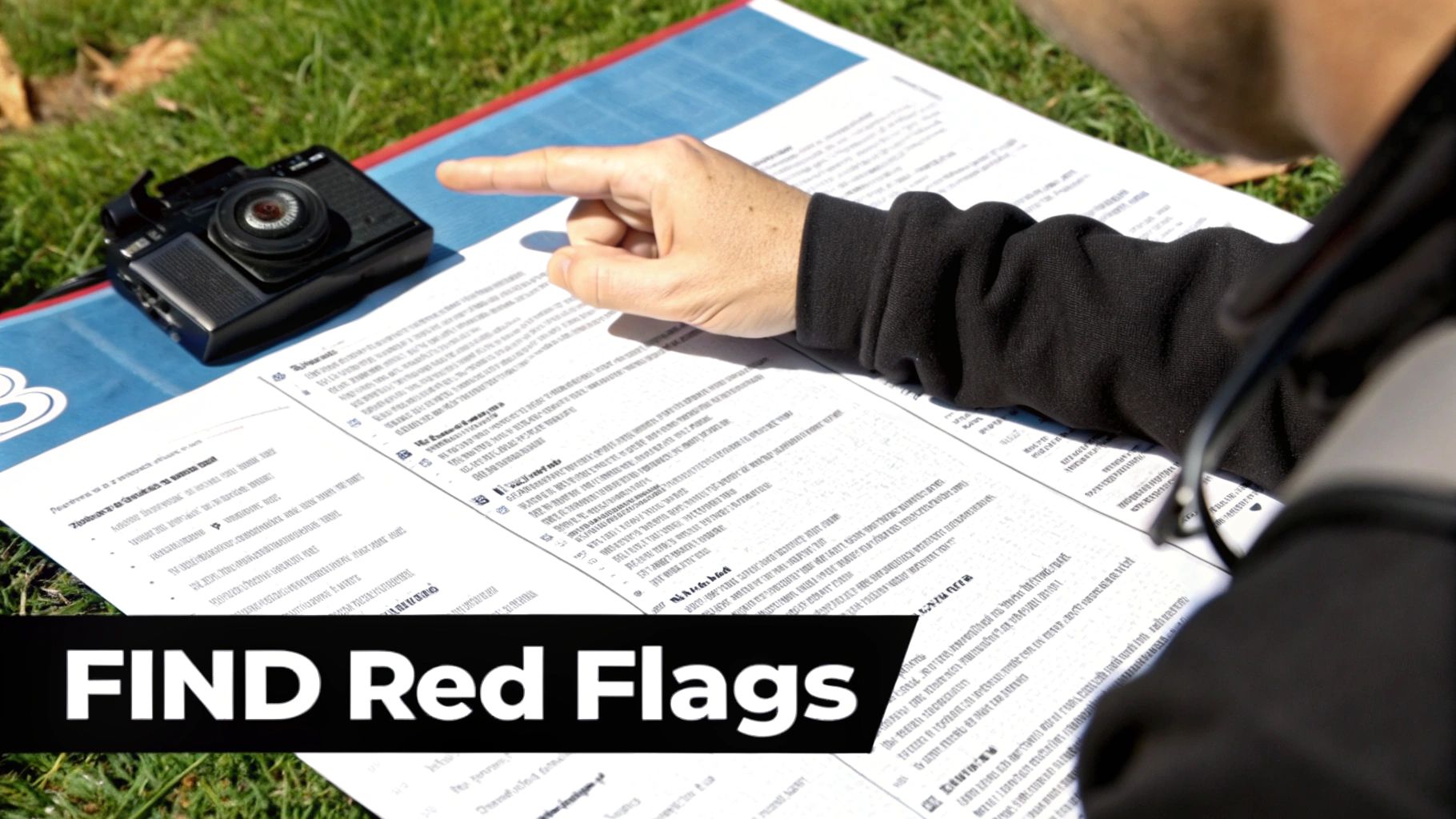 A magnifying glass hovering over a title report, focusing on the exceptions listed in Schedule B.