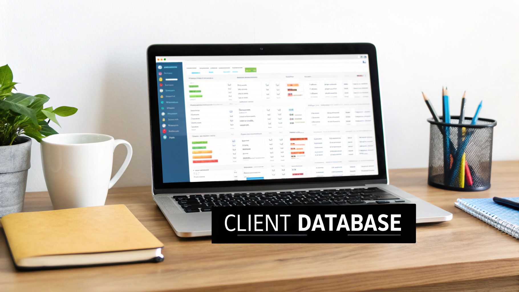 A modern workspace showing a laptop displaying a client database, a coffee cup, and office supplies.