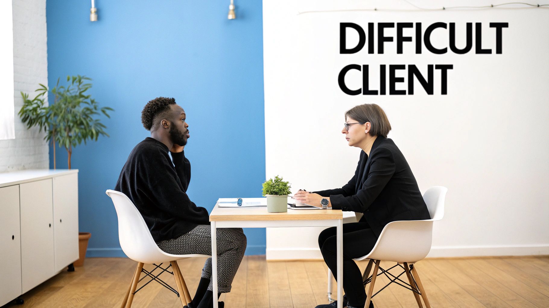 Man and woman in an office interview, discussing a difficult client, with a plant on the table.